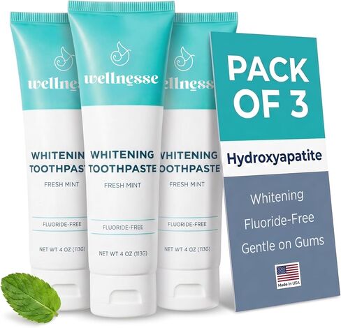 Wellnesse Whitening Toothpaste - Teeth Whitening Fluoride Free Natural Toothpaste - Fresh Mint - 3 Tubes, 4 oz - Made with Hydroxyapatite Powder, Green Tea Powder, and Aloe Vera in Kuwait