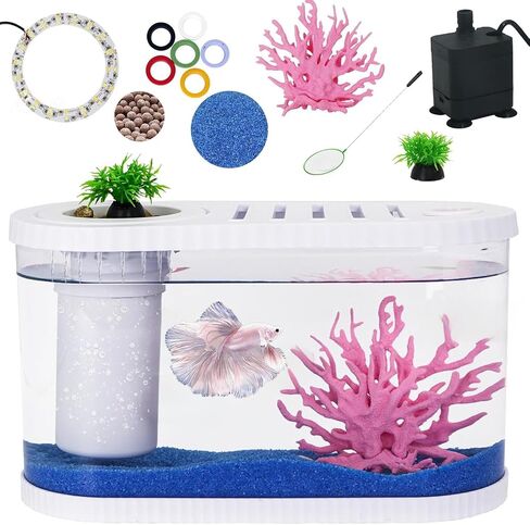 2.2Gal Aquarium Starter Kits, Small Beta Fish Tank Kit with Quiet Filter & Color Light, Nano Desktop Tank for Betta Shrimp Guppy Goldfish, Complete Starter Kit (12.6 * 7 * 5.6 Inch) in Saudi Arabia