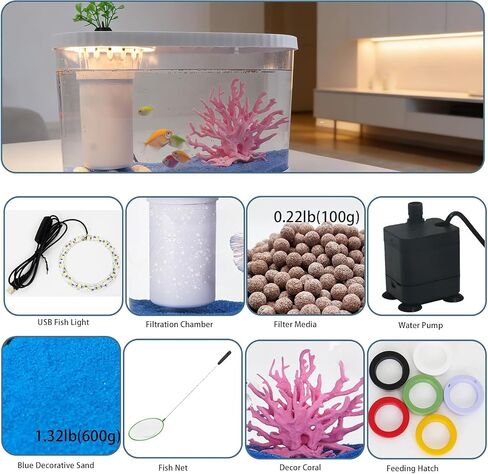 2.2Gal Aquarium Starter Kits, Small Beta Fish Tank Kit with Quiet Filter & Color Light, Nano Desktop Tank for Betta Shrimp Guppy Goldfish, Complete Starter Kit (12.6 * 7 * 5.6 Inch) in Saudi Arabia