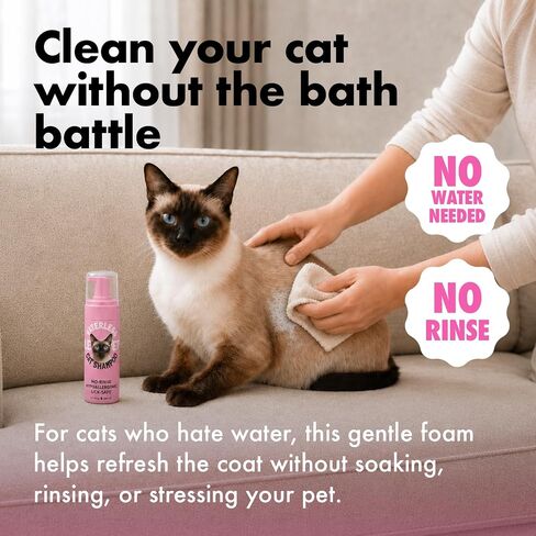 Waterless Cat Shampoo – No Rinse Dry Shampoo for Cats & Kittens, Hypoallergenic Cat Cleaning Foam, Lick-Safe Formula for Indoor Cats, Helps Neutralize Odors & Refresh Coat Between Baths, 6.7 oz in Saudi Arabia