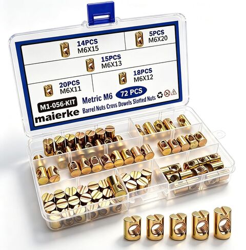 maierke 72PCS Metric M6 Barrel Bolts Cross Dowel Slotted Nuts Furniture Nuts,M6 x 11mm/12mm/13mm/15mm/20mm Nuts Kit for Beds Crib Chairs M1-056-kit in Kuwait