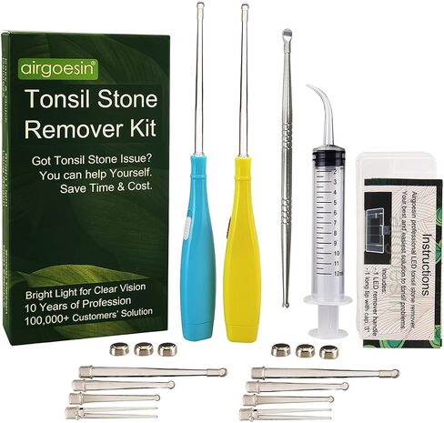 Airgoesin™ 6.75 inch Tonsil Stone Remover LED Tool Kit - 2 Sets, Oral Irrigation Syringe & Stainless Steel Pick, Tonsil Stone Removal Kit for Breath Freshening in Kuwait