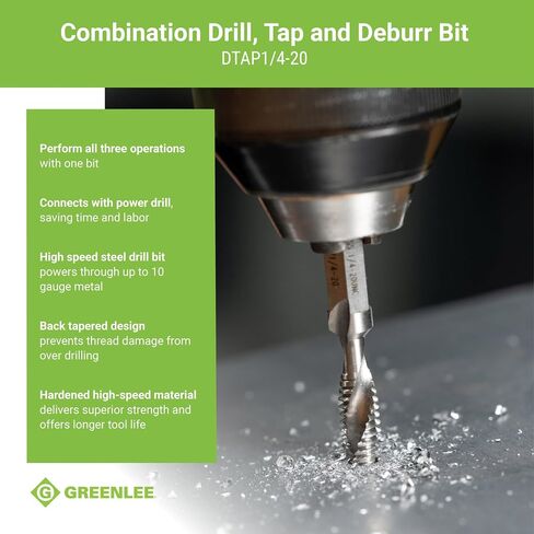 Greenlee DTAP1/4-20 مثقاب مختلط/صنبور مثقاب غاطس لما يصل إلى 10 قياسات معدنية، مثقاب مركب، صنبور، وريشة إزالة الأزيز مع سداسي التغيير السريع، 1/4-20 NC in Kuwait