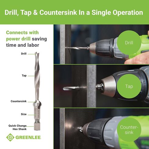 Greenlee DTAP1/4-20 مثقاب مختلط/صنبور مثقاب غاطس لما يصل إلى 10 قياسات معدنية، مثقاب مركب، صنبور، وريشة إزالة الأزيز مع سداسي التغيير السريع، 1/4-20 NC in Kuwait