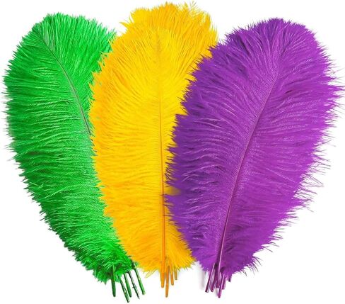 Piokio 36 pcs Mardi Gras Ostrich Feathers 10-12 inch(25-30 cm) Bulk for Mardi Gras DIY Clothing and Accessories Masquerade Party Decorations Table Centerpiece(Gold Green Purple) in Saudi Arabia