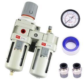 RIH Pneumatics Compressed Air Filter Regulator Lubricator Combo Water/Oil Trap Separator - Gauge(0-150 psi), Semi-Auto Drain, Poly Bowl,Bracket - 3 in 1 Two Unit (1/2“ NPT Auto Drain) in Kuwait