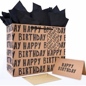 JAYTEM Birthday Gift Bag, Kraft Paper Large Gift Bag, Classic Black Lettering Design Happy Birthday Bag Set with Greeting Card, Tag, Envelope & Tissue Paper for Men, Boys, Kid in Saudi Arabia