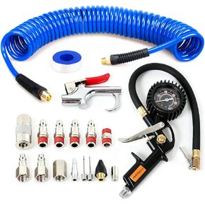 FYPower 18 Pieces Air Compressor Accessories kit, 1/4 inch x 25 ft Recoil Poly Air Compressor Hose Kit, 1/4" NPT Quick Connect Air Fittings, 100 PSI Tire Inflator Gauge, Heavy Duty Blow Gun in Saudi Arabia