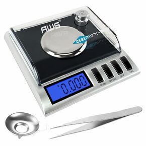 AWS Gemini-20 Milligram Scale 20g x 0.001g–Digital Jewelry/Lab Scale for Powder, Gold, Gems – Includes Calibration Weights, Tweezers & Tray–Tare, Cal, 6 Units (Gemini - 20 - Silver) in Kuwait