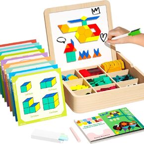Wooden Magnetic Pattern Blocks Set with Cards, 288 PCS Montessori Tangram Puzzle Learning Toys for Toddlers 4-8, Educational STEM Gift for Kids Boys Girls 4 5 6 7 8 in Saudi Arabia
