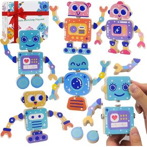 28-Piece Wooden Snap-Together Take-Apart Robot Building Blocks for Kids 3-6 in Kuwait