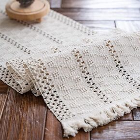 Alynsehom Macrame Table Runner Cream Beige Boho Table Runner with Tassels Hand Woven Cotton Table Runner Rustic Farmhouse Table Runner for Bohemian Kitchen Dining Table(12x36in) in Kuwait