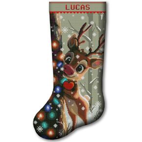 Christmas Stocking Cross Stitch Kit for Adults, 2-in-1 Stamped and Counted AIDA 14, Cute Reindeer Deer with Christmas Lights, Personalized Woodland Animals DIY Embroidery Kit in Kuwait