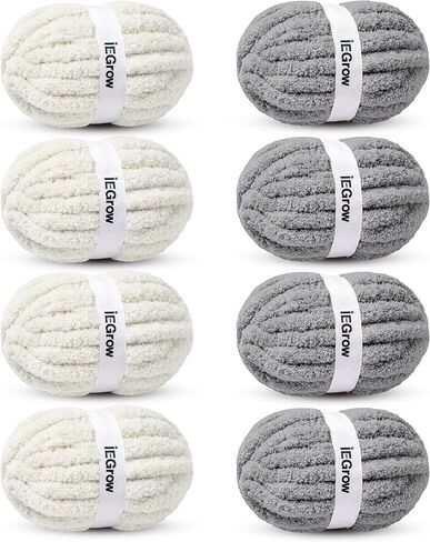iEGrow Chunky Yarn for Hand Knitting, #10 Chunky Chenille Yarn for Blanket,Thick Soft Bulky Chunky Yarns for Crocheting,8 Skein (22 yds 8 oz Each Skein), Cream in Kuwait