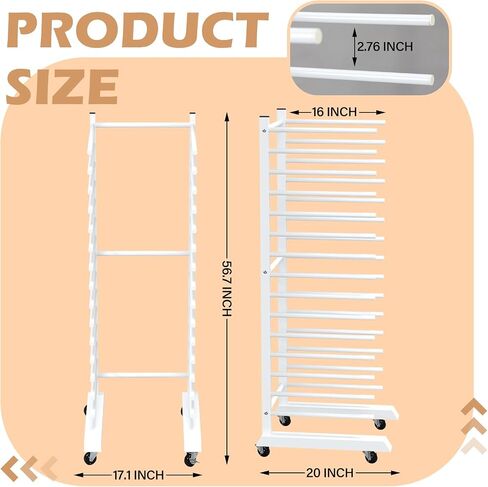 Colingmill 1 Pack 15 Tier Cabinet Doors Paint Drying Rack with Casters 16 in Rods 20 in Base White Powder Coated 15lbs/Shelf Iron Detachable Crossbars Space Saving for Painted Wood Panels Doors in Kuwait