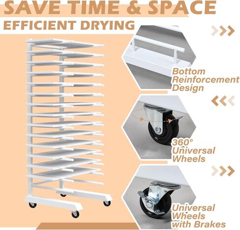 Colingmill 1 Pack 15 Tier Cabinet Doors Paint Drying Rack with Casters 16 in Rods 20 in Base White Powder Coated 15lbs/Shelf Iron Detachable Crossbars Space Saving for Painted Wood Panels Doors in Kuwait