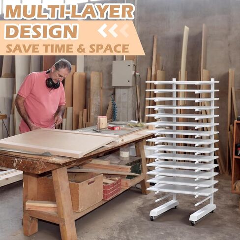 Colingmill 1 Pack 15 Tier Cabinet Doors Paint Drying Rack with Casters 16 in Rods 20 in Base White Powder Coated 15lbs/Shelf Iron Detachable Crossbars Space Saving for Painted Wood Panels Doors in Kuwait