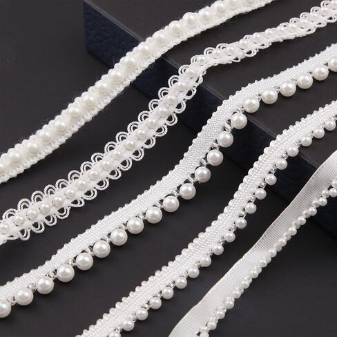 5 Yards Pearls Lace Ribbon Trim, White Beaded Fringe Trim Applique in Saudi Arabia