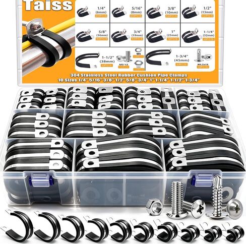 مجموعة مشابك كابلات Taiss 110 قطعة، 10 مقاسات 1/4 بوصة 5/16 بوصة 3/8 بوصة 1/2 بوصة 5/8 بوصة 3/4 بوصة 1 بوصة 1-1/4 بوصة 1-1/2 بوصة 1-3/ مشابك أنابيب مقاس 4 بوصات، مجموعة متنوعة من مشابك الكابلات المبطنة بالمطاط من الفولاذ المقاوم للصدأ 304 in Kuwait