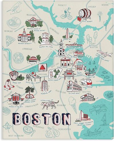 Stupell Industries Illustrative Map of Boston Massachusetts Landmarks Wall Art, 16 x 20, Multi-Color in Kuwait