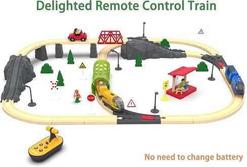 Battery Operated Train for Wooden Track, Electric Train Set Includes Remote Control Locomotive Train & Train Tunnel, Motorized Train Toy for Toddlers Compatible with Thomas, Brio, Chuggington in Kuwait