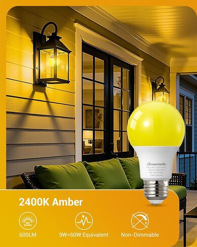 مصابيح LED للأماكن الخارجية من DEWENWILS، لمبة إضاءة صفراء A19، 9 وات (ما يعادل 60 وات)، 600 لومن، 2400 ك توهج كهرماني، غير قابلة للتعتيم، قاعدة لولبية متوسطة E26، مدرجة في قائمة UL، 4 عبوات in Kuwait