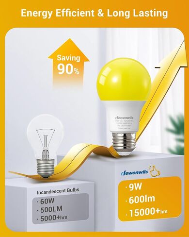 مصابيح LED للأماكن الخارجية من DEWENWILS، لمبة إضاءة صفراء A19، 9 وات (ما يعادل 60 وات)، 600 لومن، 2400 ك توهج كهرماني، غير قابلة للتعتيم، قاعدة لولبية متوسطة E26، مدرجة في قائمة UL، 4 عبوات in Kuwait