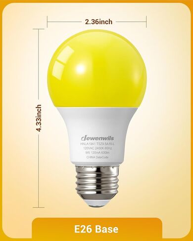 مصابيح LED للأماكن الخارجية من DEWENWILS، لمبة إضاءة صفراء A19، 9 وات (ما يعادل 60 وات)، 600 لومن، 2400 ك توهج كهرماني، غير قابلة للتعتيم، قاعدة لولبية متوسطة E26، مدرجة في قائمة UL، 4 عبوات in Kuwait