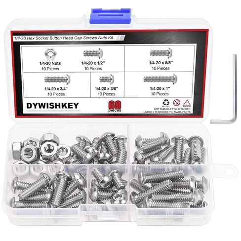 DYWISHKEY 60 Pieces 1/4-20 x 3/8" 1/2" 5/8" 3/4" 1" Stainless Steel 304 UNC Threads Hex Button Head Cap Screws Bolts and Nuts Assortment Kit with Hex Wrench in Kuwait
