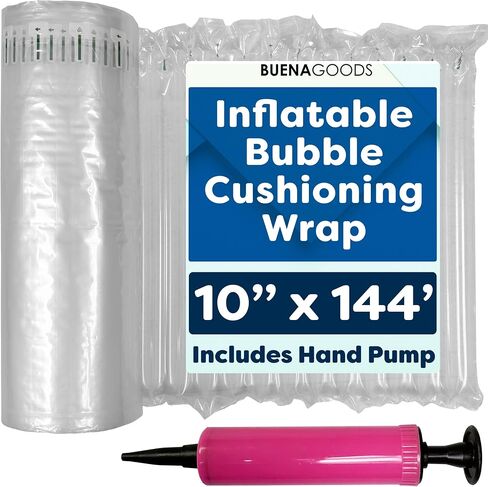 10 Inch x 144 Feet Inflatable Bubble Cushioning Wrap Roll - Includes Free Pump - Large Heavy Duty Air Pillows for Shipping - Shipping Air Pillows - Moving Supplies - Wine Bottle Protector in Saudi Arabia