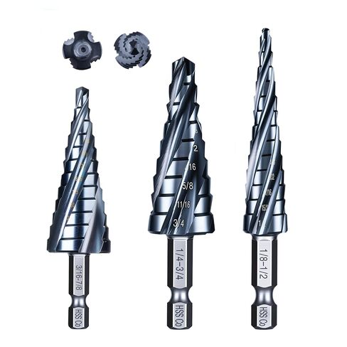 طقم لقم حفر الخطوة من AugTouf M35، 1/8 بوصة - 7/8 بوصة (3 قطع) جاهز للارتطام بأربعة بلغات، 1/4 بوصة هيكس شانك يونيبيت للمعادن والخشب والبلاستيك وفقاحات متعددة in Kuwait