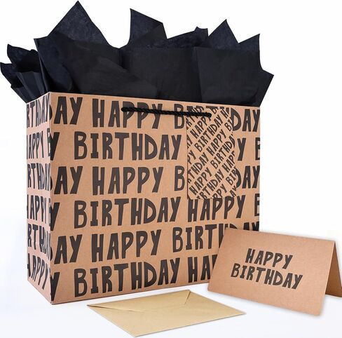 JAYTEM Birthday Gift Bag, Kraft Paper Large Gift Bag, Classic Black Lettering Design Happy Birthday Bag Set with Greeting Card, Tag, Envelope & Tissue Paper for Men, Boys, Kid in Saudi Arabia