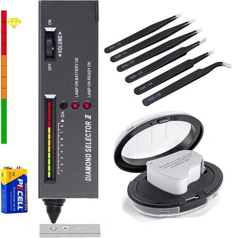 Diamond Tester Pen＋60X LED Magnifying Glasses Jeweler Tool Kit Combo，for Novice and Expert - Diamond Selector 9V Battery Included in Kuwait