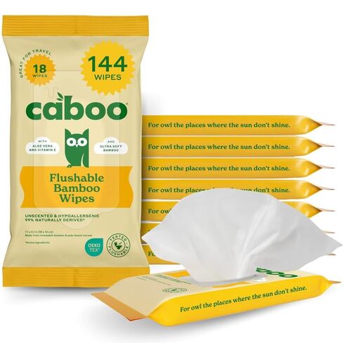 Caboo Bamboo Flushable Wipes, Certified Flushable, Septic Safe, Eco Friendly, Biodegradable, Unscented Flushable Wipes for Adults, Toilet Wipes Flushable (Pack of 3, Total of 180 Flushable Wipes) in Kuwait