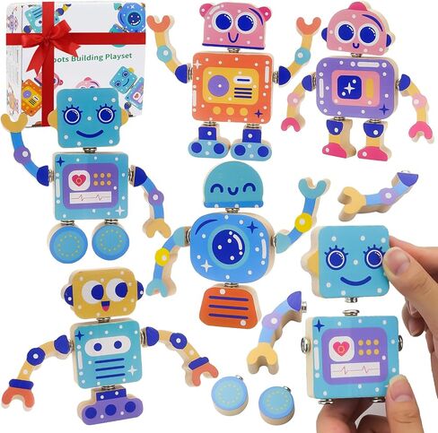 28-Piece Wooden Snap-Together Take-Apart Robot Building Blocks for Kids 3-6 in Kuwait