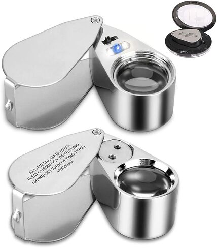 2 Pack 40X Illuminated Jewelers Loop, JLY Pocket Folding Full Metal Jewelers Loupe Magnifying Glass with Lights for LED Currency Detecting, Jewelry Identifying, Rock Collecting, Stamps Coins in Saudi Arabia