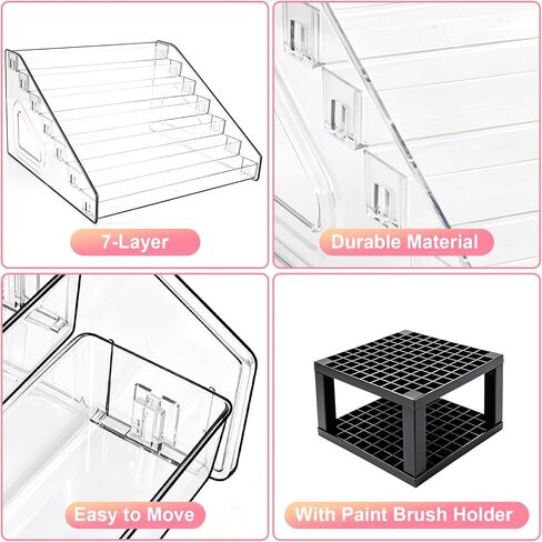 Acrylic Paint Organizer, 7 Layers Craft Paint Storage With Miniature Brush Holder, Paint Storage Rack for Acrylic Paints, Oil Paints, Nail Polish and Makeup Supplies in Kuwait