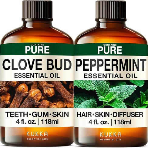 Clove Oil for Oral Care & Peppermint Oil for Hair Set - Aromatherapy Grade Essential Oils Set - 2x4 fl oz - Kukka in Kuwait