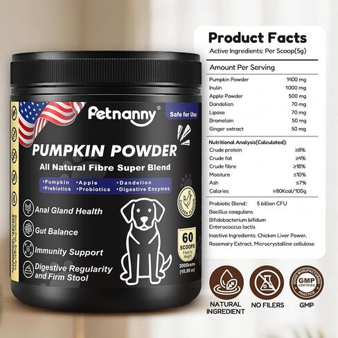Petnanny Pumpkin Powder for Cats & Dogs, Anal Gland Health Fiber Supplement Stop Scooting with Inulin, Probiotics & Enzymes to Support Firm Stools, Digestive Comfort, Relieve Diarrhea & Constipation in Kuwait