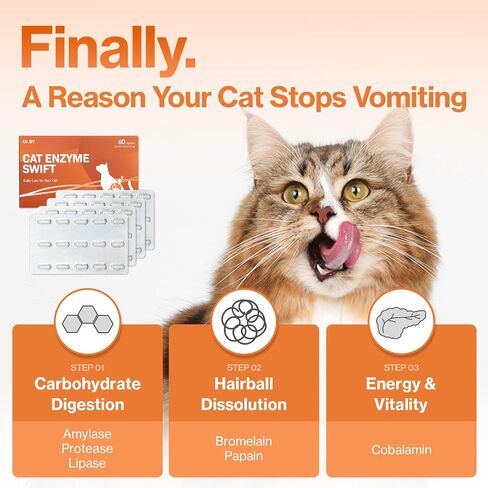Doctor By Cat Enzyme Swift Cat Digestive Enzyme Supplement Vomiting Diarrhea, Loss of Appetite, Hairball with Pancreatine, Papain, Bromelain, Micro-Size for Easy Swallowing, 60 Sprinkle Capsules in Kuwait