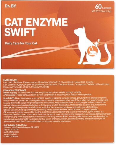 Doctor By Cat Enzyme Swift Cat Digestive Enzyme Supplement Vomiting Diarrhea, Loss of Appetite, Hairball with Pancreatine, Papain, Bromelain, Micro-Size for Easy Swallowing, 60 Sprinkle Capsules in Kuwait