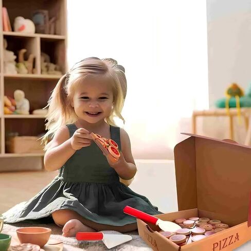 لعبة تقطيع الطعام من WoodenEdu لمطبخ الأطفال، مجموعة بيتزا خشبية ملحقات المطبخ للعب التظاهري، لعبة تعليمية هدايا عيد ميلاد للأولاد والبنات والأطفال الصغار (مجموعة 6 قطع) in Kuwait