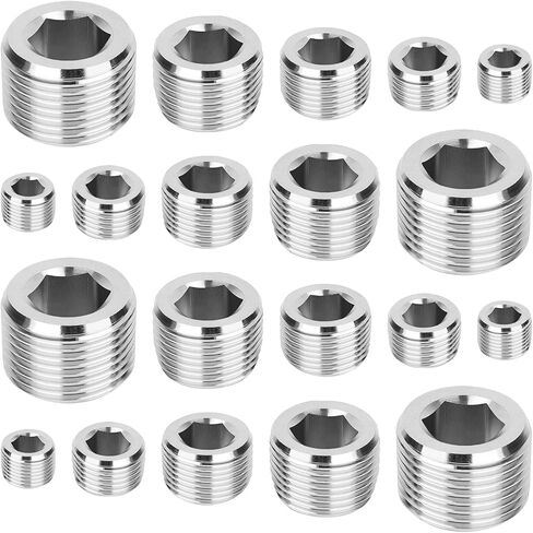 QLOUNI 20 Pieces Stainless Steel Pipe Plugs, Pipe Fitting 1/8" 1/4" 3/8" 1/2" 3/4" NPT Internal Hex Thread Socket Pipe Plug Assortment Set in Kuwait