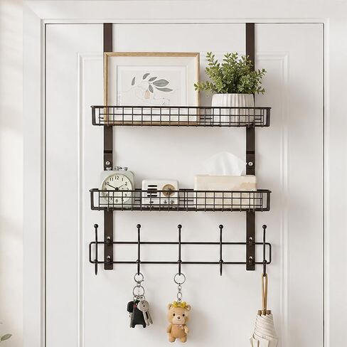 OYEAL Over The Door Hanger with 2 Mesh Baskets 5 Hooks, Detachable Storage Organizer Rack for Coats, Hats, Handbags,Towels, Easy Install Metal Hanging Hook Rack Shelf, White in Kuwait