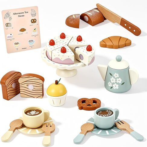 Pithfor Wooden Tea Set for Little Girls, Wooden Dessert Play Food for Toddlers Kids, Pretend Play Kitchen Accessories Toys for 1 2 3 Year Old in Saudi Arabia