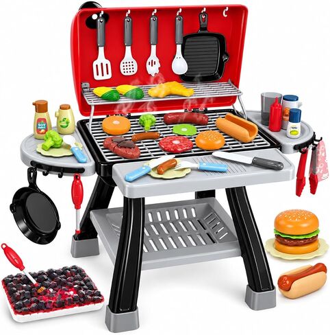 Kids Play Kitchen Toys, Kids BBQ Grill Kitchen Playset with Smoke, Sound & Light, Play Food Toys Cooking Set, 2-Layer Barbecue Outdoor Play Grill Toy Gift for Toddler Boys Girls 3-5 in Saudi Arabia