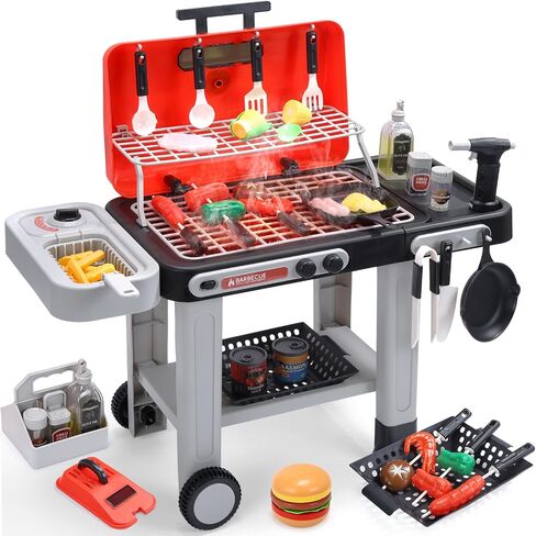 CUTE STONE Kids BBQ Grill Toys, Color Changing Play Food, Sizzling Sound & Light Effects, Cool Mist Spray, Pretend Cooking with Frying & Grilling, 2-Tier BBQ on Wheels - Kitchen Toy, Birthday Gift in Kuwait