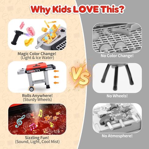 CUTE STONE Kids BBQ Grill Toys, Color Changing Play Food, Sizzling Sound & Light Effects, Cool Mist Spray, Pretend Cooking with Frying & Grilling, 2-Tier BBQ on Wheels - Kitchen Toy, Birthday Gift in Kuwait