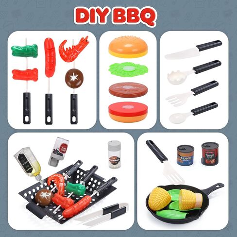 CUTE STONE Kids BBQ Grill Toys, Color Changing Play Food, Sizzling Sound & Light Effects, Cool Mist Spray, Pretend Cooking with Frying & Grilling, 2-Tier BBQ on Wheels - Kitchen Toy, Birthday Gift in Kuwait