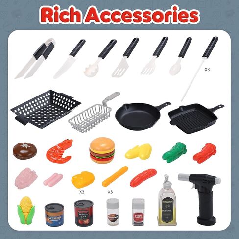 CUTE STONE Kids BBQ Grill Toys, Color Changing Play Food, Sizzling Sound & Light Effects, Cool Mist Spray, Pretend Cooking with Frying & Grilling, 2-Tier BBQ on Wheels - Kitchen Toy, Birthday Gift in Kuwait